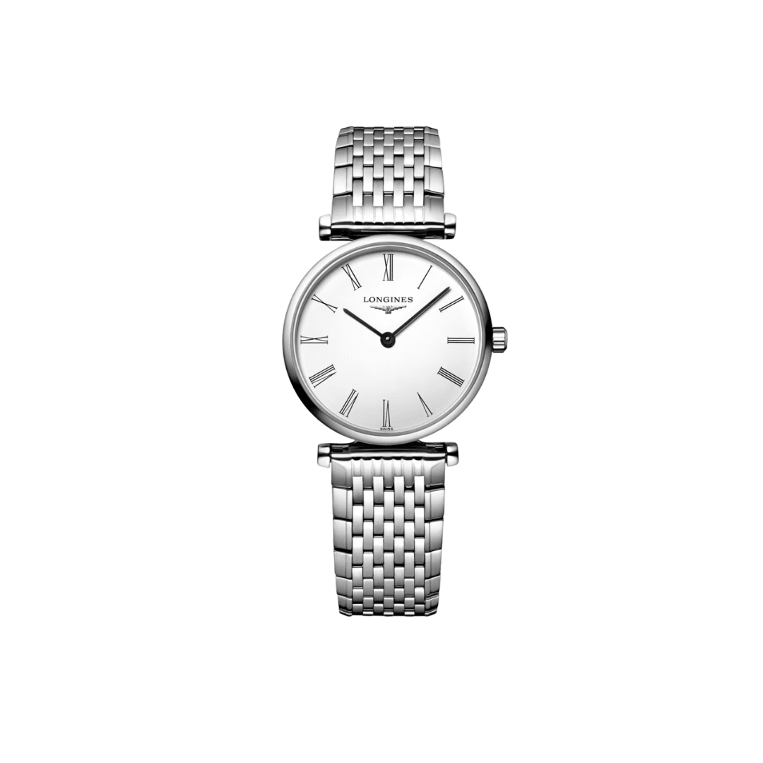 Close-up of Longines La Grande Classique silver bracelet and minimalist white dial