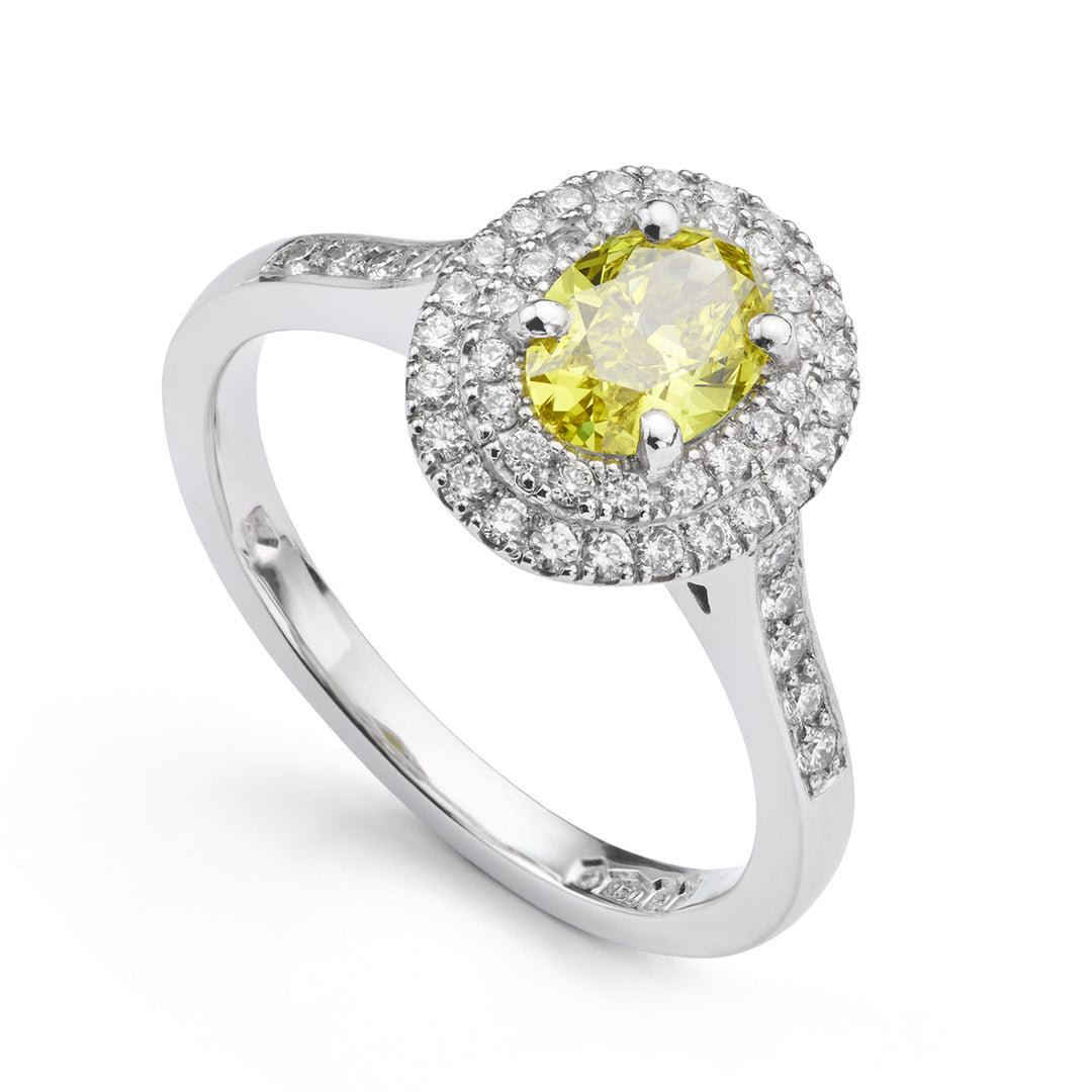 Fancy yellow and white diamond 'Halo' ring