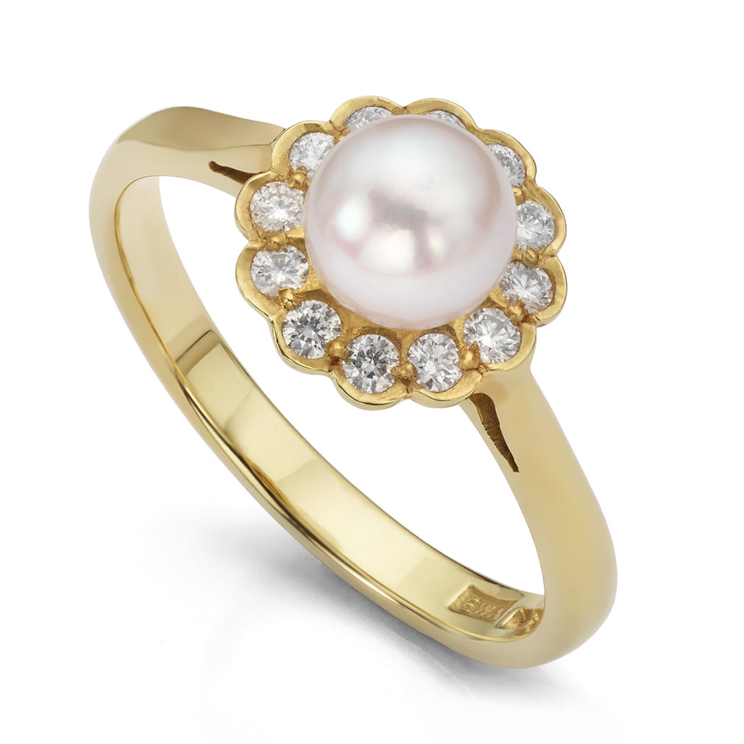 Cultured Pearl and Diamond Cluster Ring