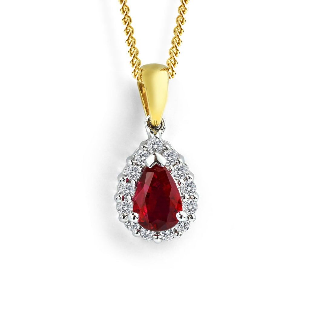 Ruby and Diamond Halo Pear Cut Pendant