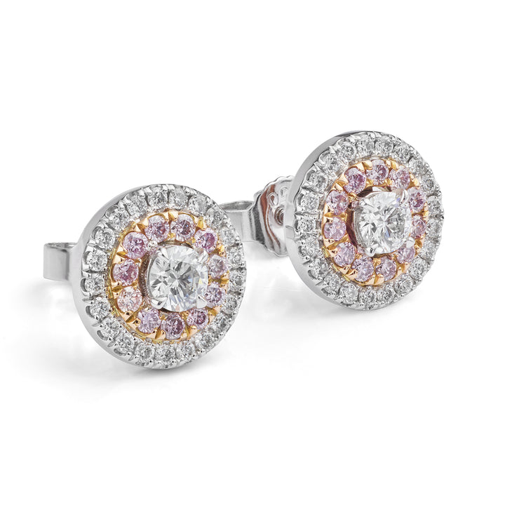 Fancy pink and white diamond halo earrings