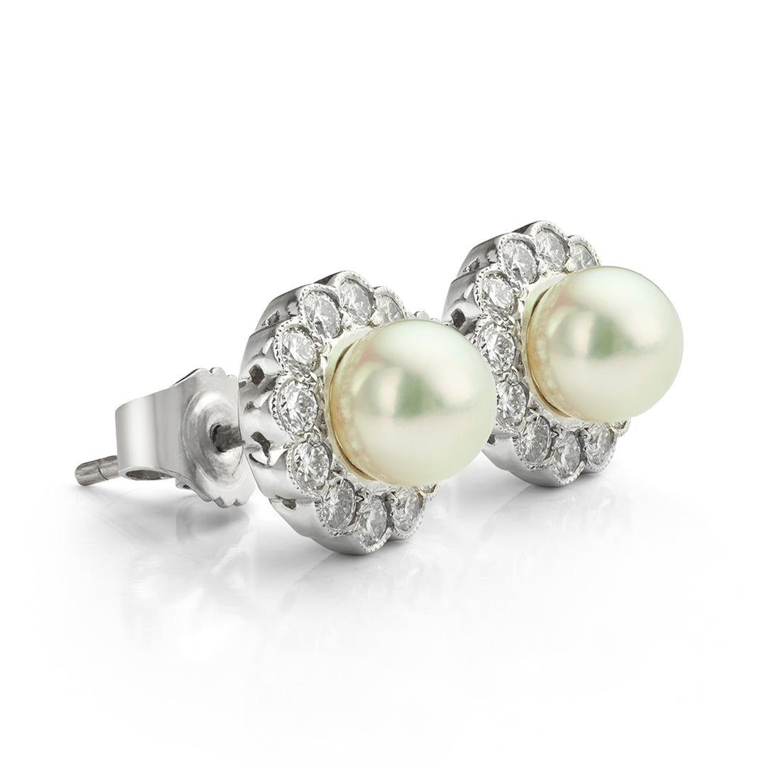 Cultured Pearl and Diamond Cluster Earrings