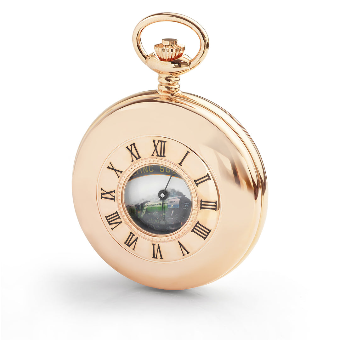 Rose gold plated Limited Edition Flying Scotsman half hunter pocket watch.