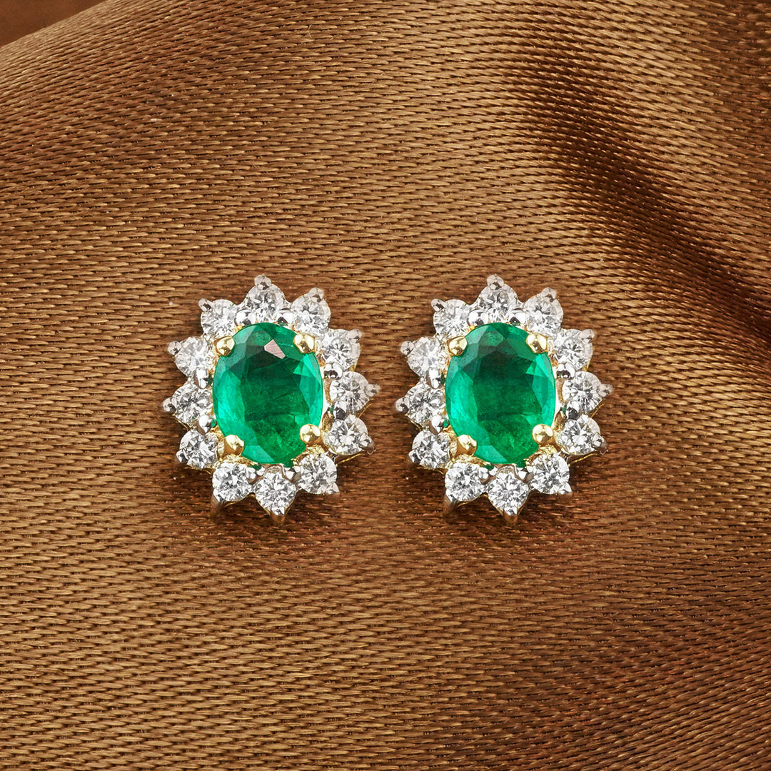 Emerald and Diamond Oval Cluster Earrings